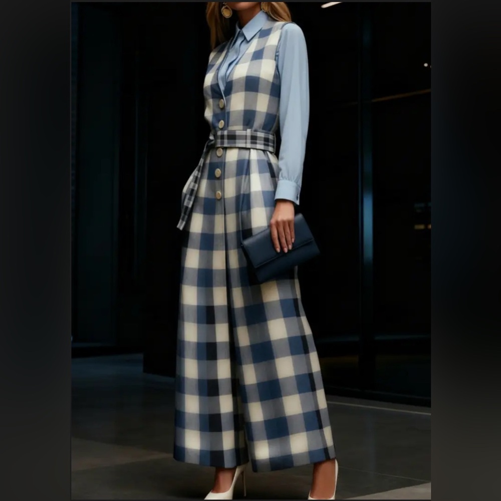 Plaid Wide-Leg Jumpsuit with Belt - Blue/Cream